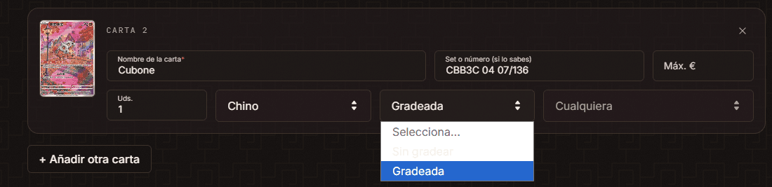 Una fila del formulario con el desplegable de estado abierto en Gradeada